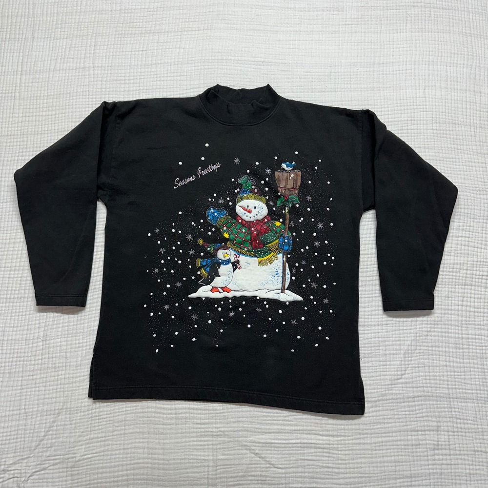 VTG 90s Mockneck Sweatshirt Med Christmas Snowman Puff Graphic Embroidered